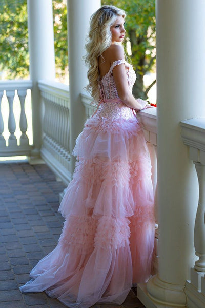 Ball Gown Off the Shoulder Pink Layered Ruffled Long Prom Dresses with Slit VK26011105