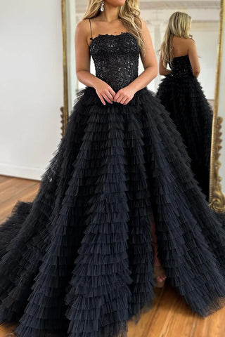 Sparkly Black Corset Spaghetti Straps Tulle A-Line Long Prom Dress with Slit VK23122008