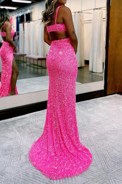 Hot Pink Sequins Hollow-Out Mermaid Prom Dress VK23101902