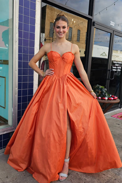 Cute A Line Sweetheart Orange Satin Prom Dress with Slit VK16012902