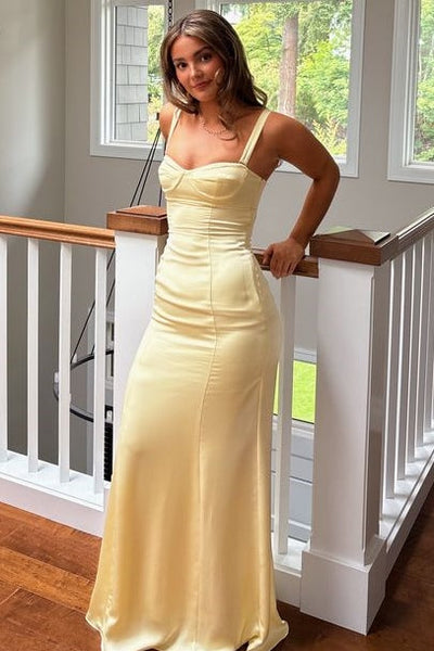 Mermaid Sweetheart Yellow Satin Long Prom Dresses VK26011807