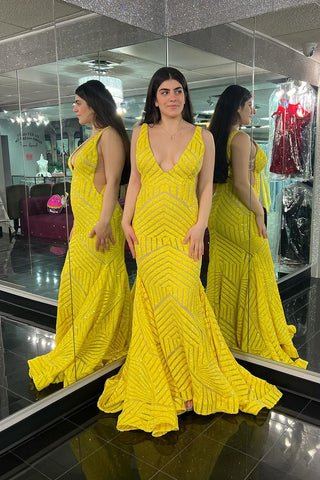 Mermaid Deep V Neck Yellow Sequins Long Prom Dresses VK24030204