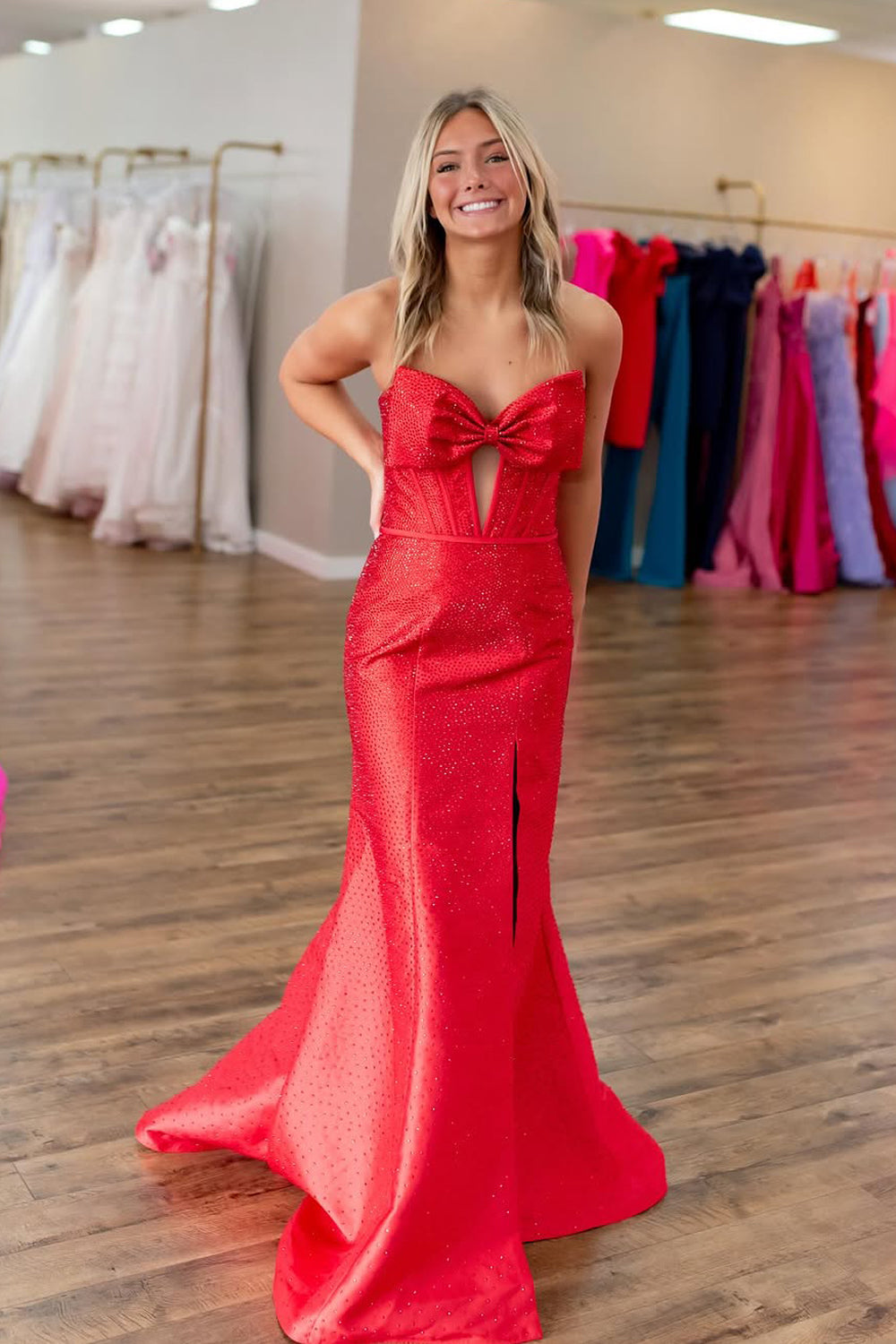 Mermaid Strapless Red Satin Beads Long Prom Dresses with Slit VK25032502