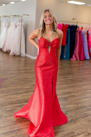 Mermaid Strapless Red Satin Beads Long Prom Dresses with Slit VK25032502