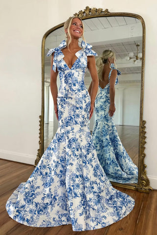 Fashion Mermaid V Neck Flower Print Satin Prom Dress VK5111207