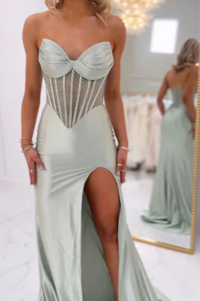 Mermaid Strapless Pink Satin Corset Long Prom Dresses with Slit VK26030104