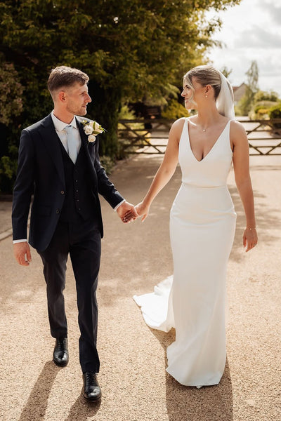 Charming Mermaid V Neck Stretch Satin Wedding Dress with Button VK25060901