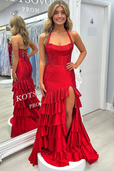 Sparkly Mermaid Scoop Neck Red Tiered Satin Prom Dress with Hot Stone VK5111202