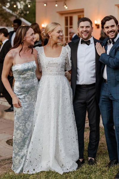 Bohemian Square Neck Chiffon Long Wedding Dresses with Ruffled Sleeves