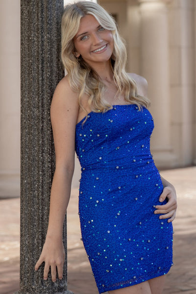 Bodycon Strapless Royal Blue Sequins Short Homecoming Dresses with Beads VK26081201