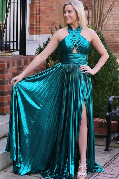 Charming A Line Halter Metallic Satin Pleat Prom Dress with Slit VK020204