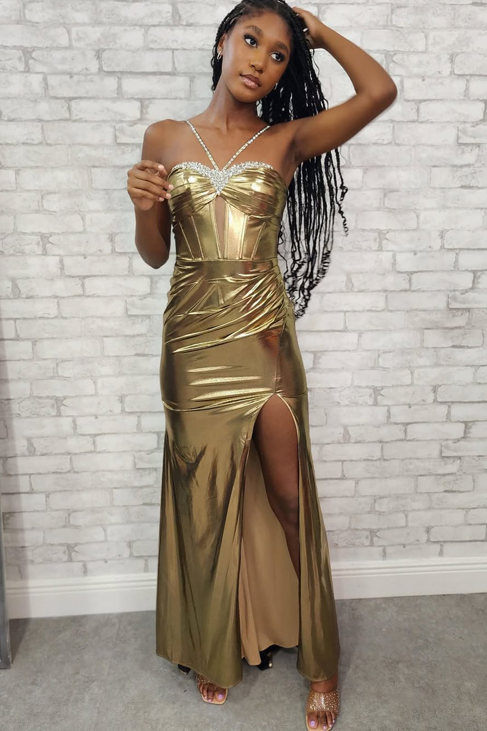 Charming Mermaid Sweetheart Gold Metallic Satin Prom Dress with Beading VK25011501