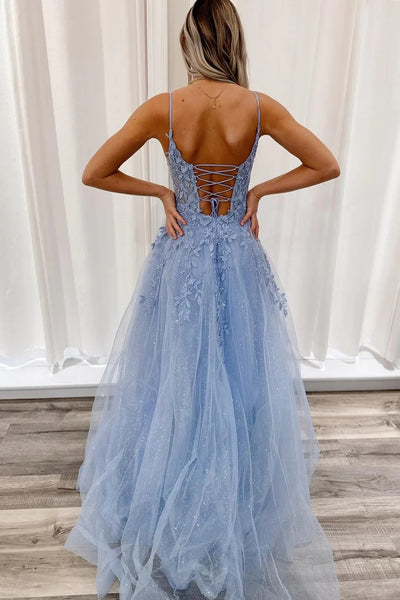 Light Blue Tulle Appliques Plunge V A-Line Long Prom Dress VK23122404