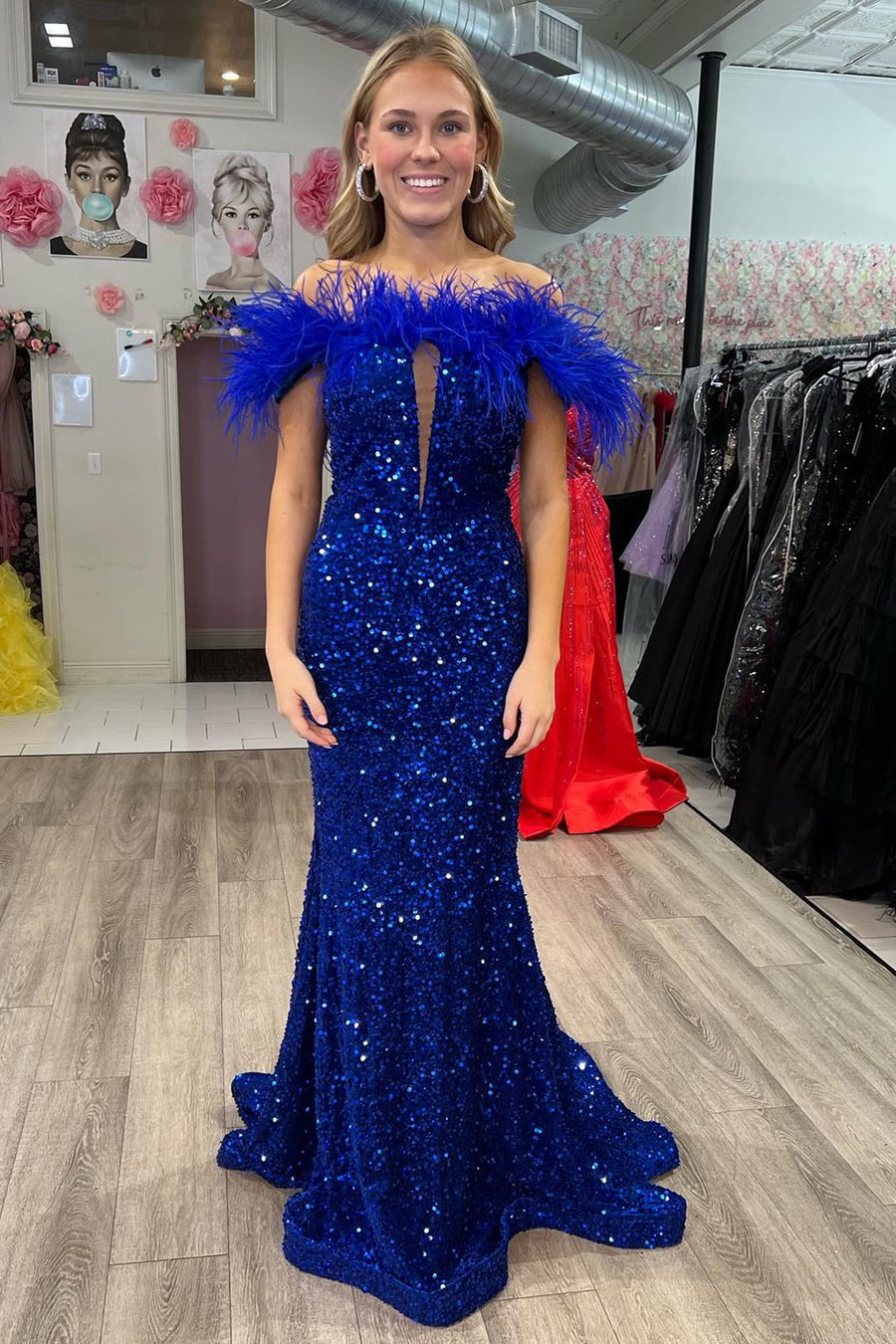 Off-the-Shoulder Royal Blue Sequin Feathers Keyhole Long Dress VK23102601