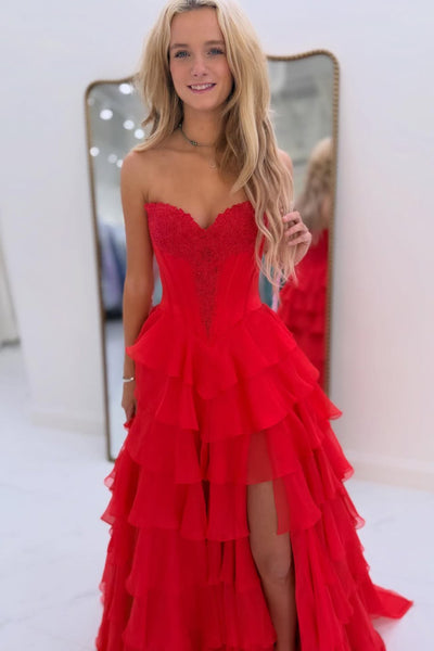 A-Line Strapless Yellow Ruffle Tiered Chiffon Prom Dresses with Slit VK26012610