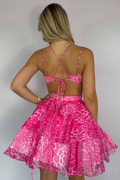A-Line V Neck Pink Leopard Print Chiffon Short Homecoming Dresses with Beads VK26082203