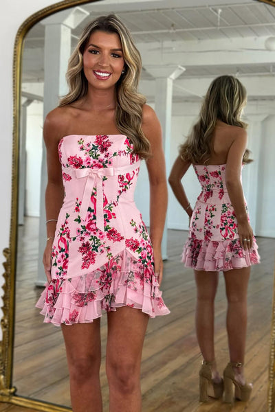 Sheath Strapless White Blue Floral Satin Short Homecoming Dress VK26060902