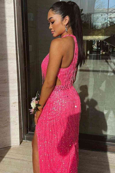 Plunging V-Neck Black Side Cut-Out Long Prom Dress with Fringe VK23121810