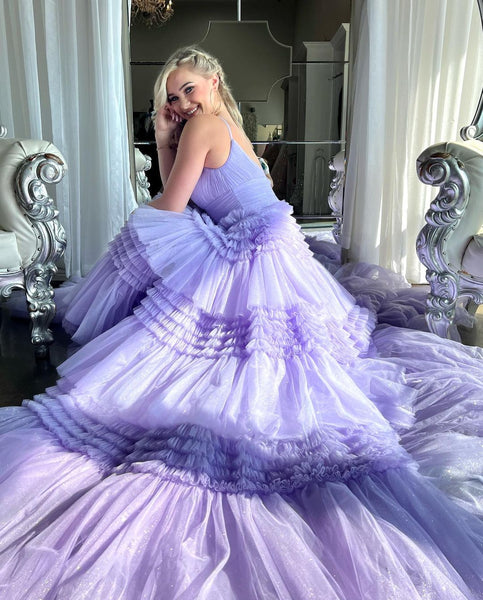 Cute Ball Gown V Neck Lavender Tulle Prom Dresses with Slit VK23051506