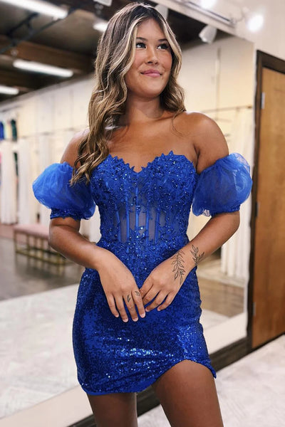 Sparkly Pink Corset Detachable Short Sleeves Sequins Tight Short Homecoming Dress with Lace VK23083109
