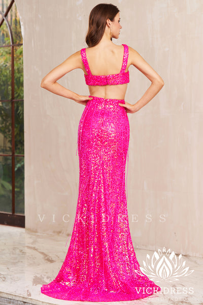 Fuchsia V Neck Sequins Mermaid Long Prom Dresses with Fringe VK24010710