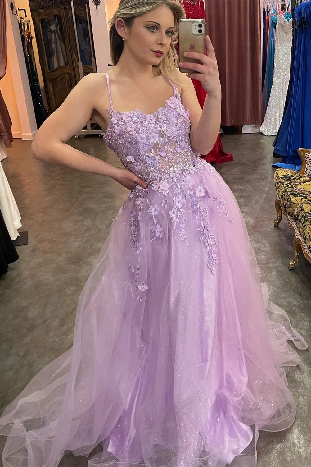 Lilac Appliques Straps A-line Long Prom Dress VK23103005