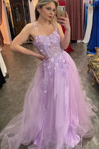 Lilac Appliques Straps A-line Long Prom Dress VK23103005
