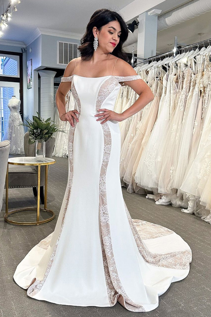 Simple Mermaid Cold Shoulder Satin Wedding Dresses with Lace VK24010506