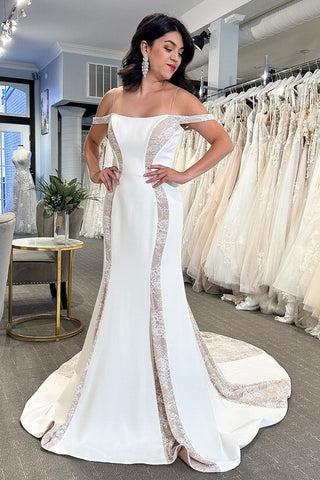 Simple Mermaid Cold Shoulder Satin Wedding Dresses with Lace VK24010506