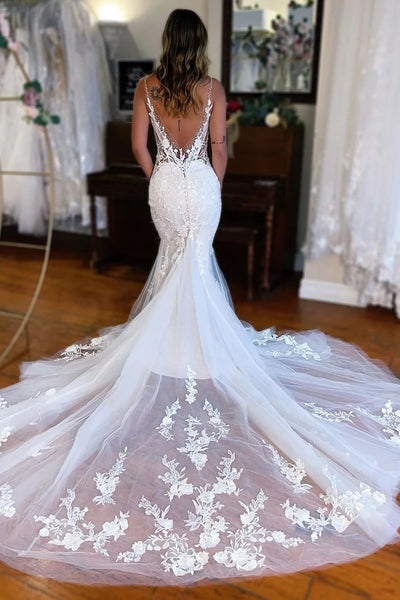 Mermaid Deep V Neck White Lace Wedding Dress with Sweep Train VK23090101