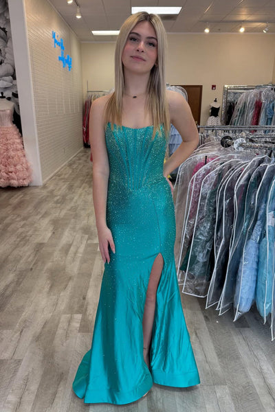Stunning Mermaid Scoop Neck Hot Fix Satin Prom Dress with Slit VK162001