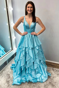 Aqua Blue Beaded Multi-Layer Ruffle Satin Long Prom Dress VK24011303