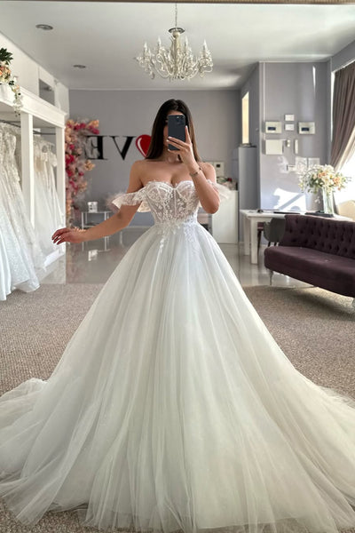 Fairy A-Line Off the Shoulder Tulle Wedding Dress with Appliques VK25121107