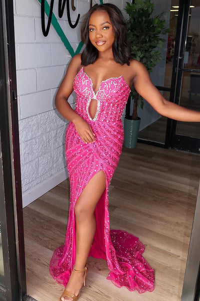 Mermaid Strapless Fuchsia Keyhole Sequins Long Prom Dresses with Slit VK25032310