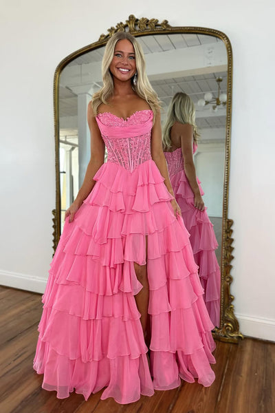 A-Line Sweetheart Red Ruffle Tiered Chiffon Long Prom Dresses with Side Split VK25101705