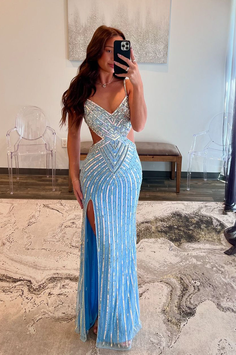 Charming Mermaid V Neck Light Blue Beaded Slit Prom Dresses