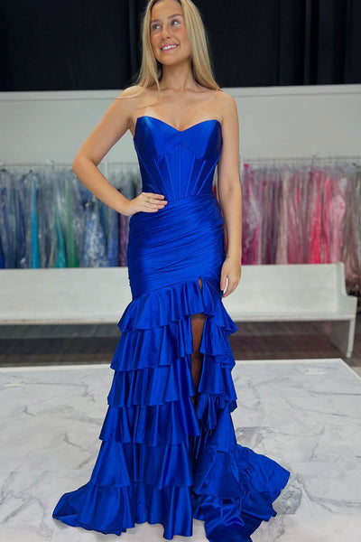 Cute Mermaid Sweetheart Royal Blue Tiered Prom Dress with Slit VK020104