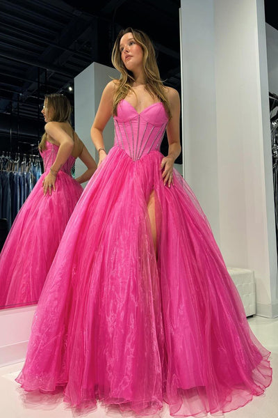 Pink Strapless Organza A-Line Long Prom Dresses with Beading VK24041002