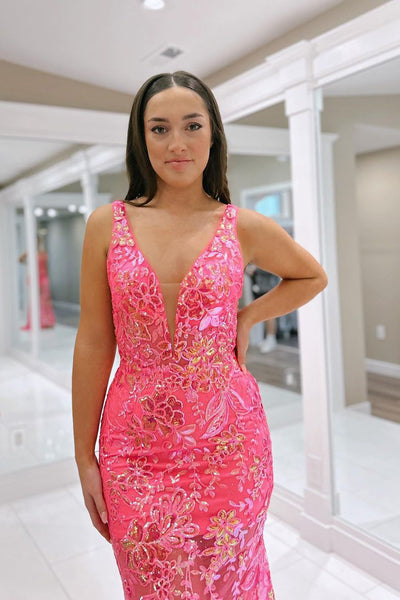 Pink Mermaid V Neck Sequin Lace Long Prom Dresses VK23091504