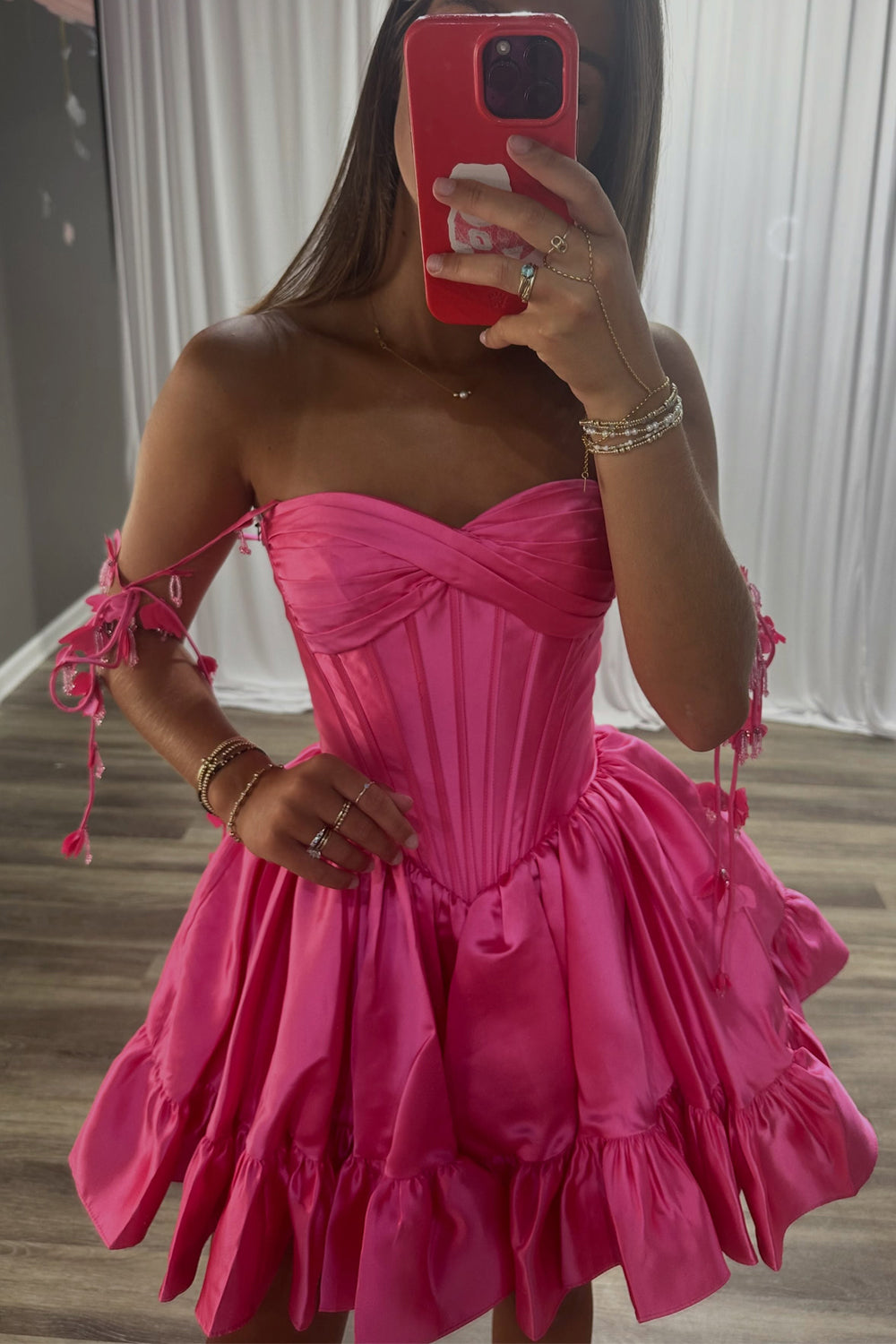 Cute A Line V Sweetheart Hot Pink Satin Homecoming Dress VK26070508