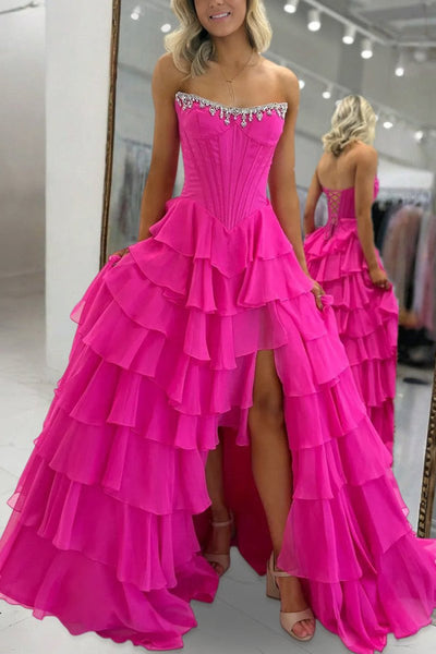 Charming A-Line Strapless Green Chiffon Tiered Long Prom Dresses with Slit VK26010602