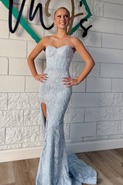 Exquisite Strapless Grey Blue Appliques Long Prom Dresses with Slit VK26020203