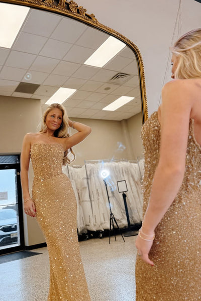 Mermaid Strapless Champagne Sequins Long Prom Dress with Beads VK26022807