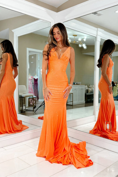 Mermaid V Neck Orange Satin Prom Dresses with Beadings VK26012706
