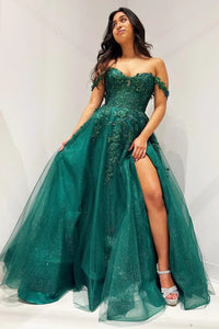 Glitter Emerald Appliques Off-the-Shoulder A-Line Long Prom Dress VK24010901