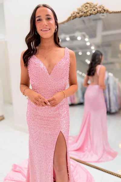 Mermaid V Neck Pink Beaded Long Prom Dresses with Slit VK26012901