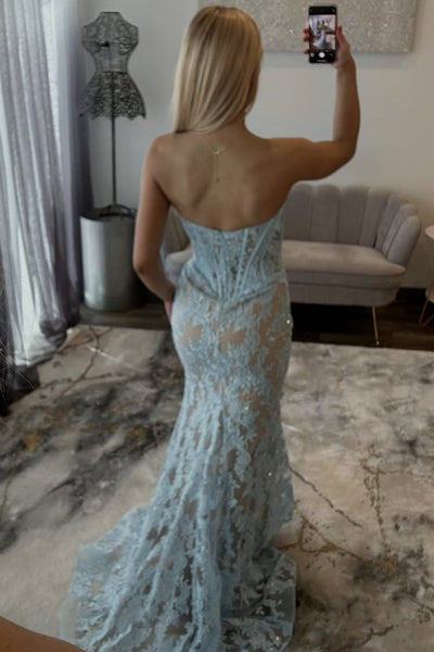 Mermaid Sweetheart Sky Blue Lace Applqiues Long Prom Evening Dresses VK26010709