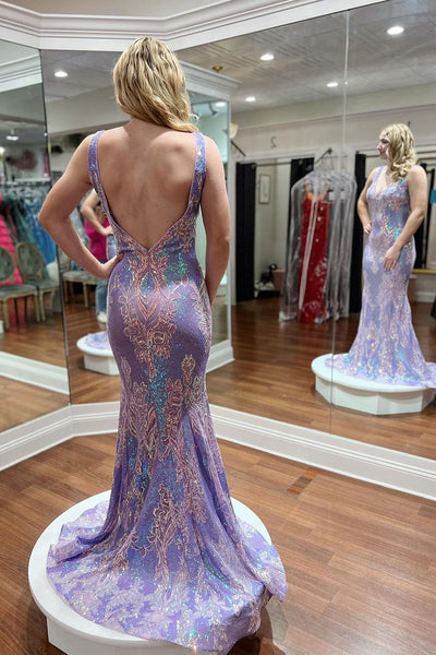 Lilac V Neck Sequins Appliques Mermaid Long Prom Dress VK24030601