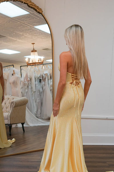 Sparkly Mermaid V Neck Daffodial Satin Slit Prom Dress with Beading