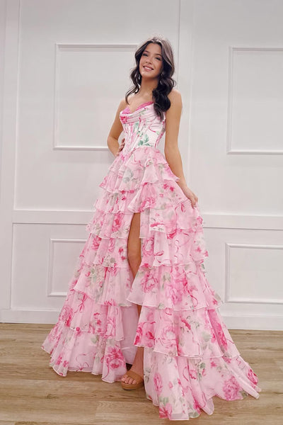Cute A Line Sweetheart Pink Floral Chiffon Long Prom Dress with Slit VK25122907